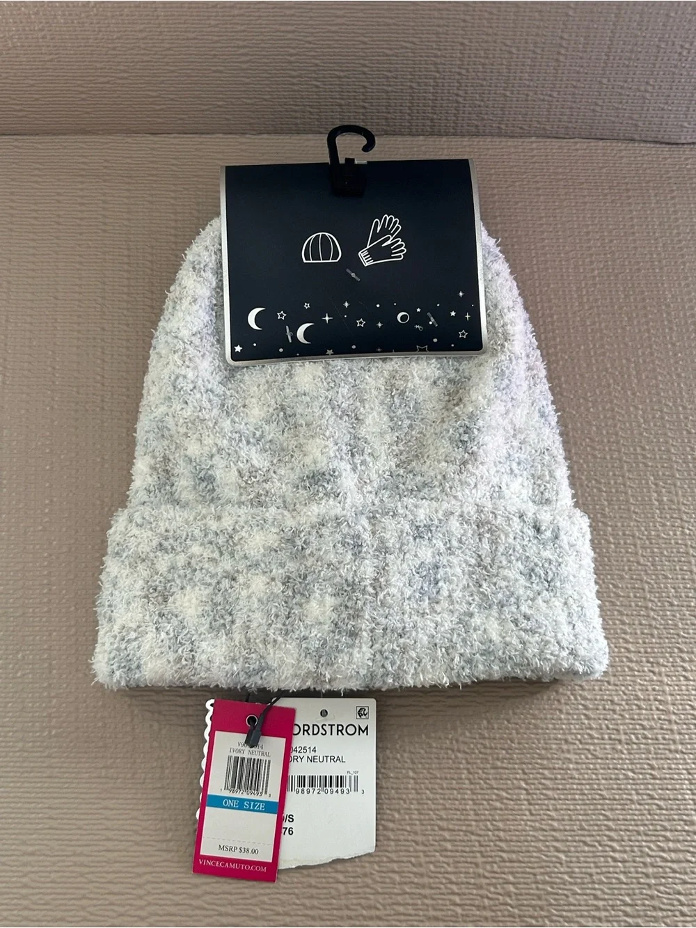 Vince Camuto Ivory Neutral Fuzzy Beanie & Mittens Set